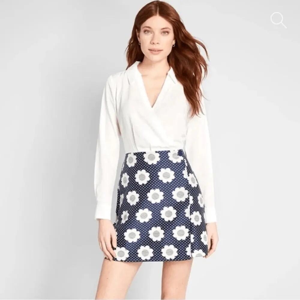 ModCloth White&Blue Floral Daisy Au Contraire Wrap Twofer Mini Dress Sz.4 NWT